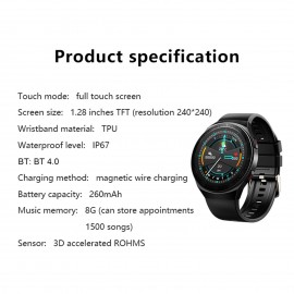 MT3 Smart Bracelet 1.28'' TFT Full-Touch Screen 8G Music Player/BT Call/One-click Recording Strong Endurance Health Management Compatible with Android iOS