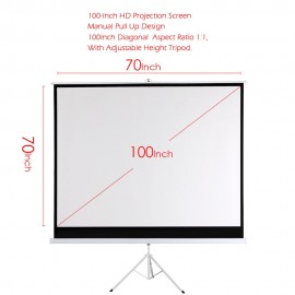 100-Inch HD Projection Screen Manual Pull Down 100Inch Diagonal Aspect Ratio 1:1 Projection Screen w/ Adjustable Length Tripod US Plug