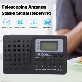 Portable FM / AM / SW Radio Multiband Digital Stereo Radio Receiver Earphone Output Time Display External Antenna with Alarm Clock Function