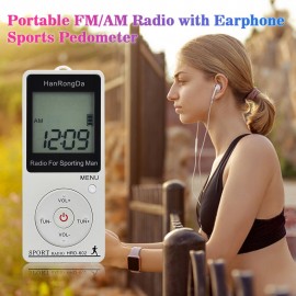 HRD-602 Portable Radio Receiver FM/AM Radio LCD Display Lock Button Pocket Radio with Earphone Sports Pedometer