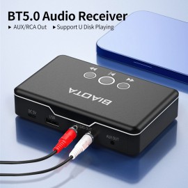 BT 5.0 Audio Receiver with AUX RCA Output Support U Disk Playing Audio Adapter for Wired Speaker Amplifier Car/ Home Stereo Black