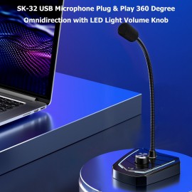 USB Desk Microphone Plug & Play Professional 360 Degree Omnidirectional Microphone with Built-in LED Light Volume Knob Desktop Condenser Mic for Recording Living Gaming